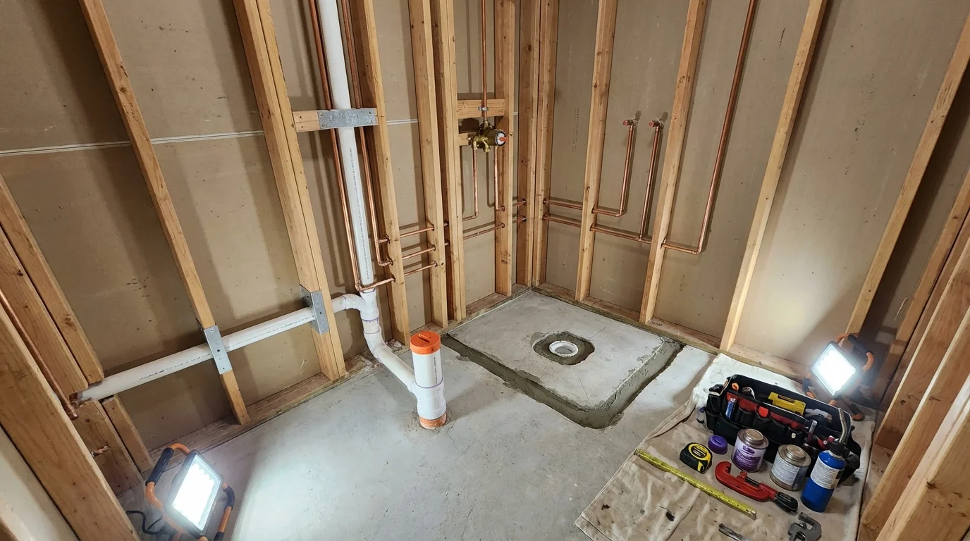 Bathroom rough-in plumbing during remodel by Johns Plumbing LLC in Rocky Ford