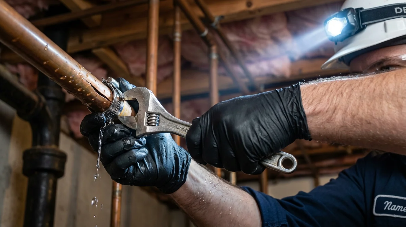 Emergency pipe clamp repair being performed by a Johns Plumbing LLC plumber in Rocky Ford