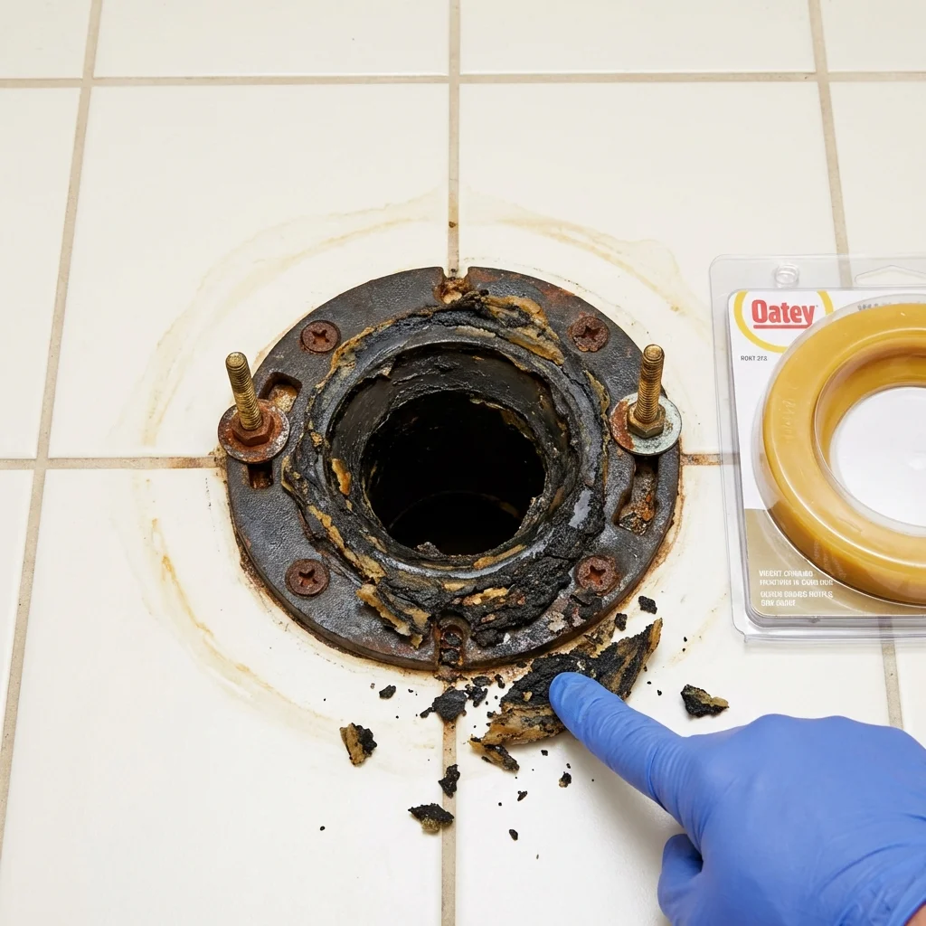 Failed wax ring showing water seepage at the base of a toilet in a Rocky Ford, CO home