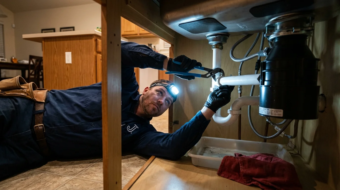 P-trap and supply line connections under a kitchen sink showing a common leak point in Rocky Ford, CO